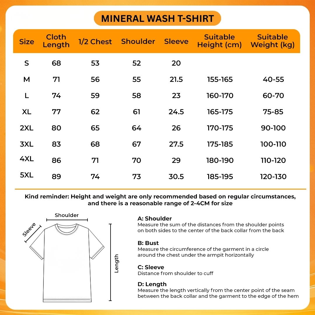 Mineral Wash T Shirt Size Chart - Coldplay Merch